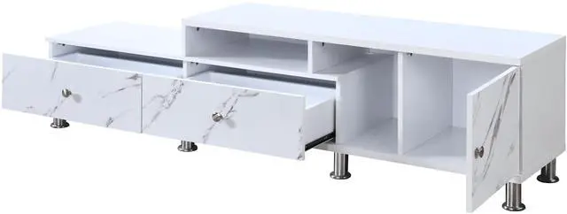 Alt view image 2 of 6 - 1pc Modern Sleek White Finish Faux Marble Accents Silver-tone Legs TV Stand Console Living Room Furniture