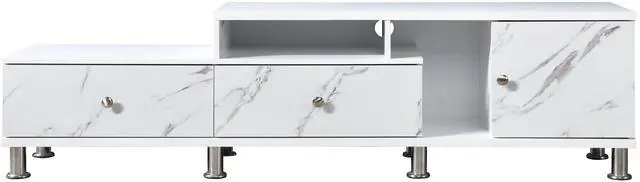 Alt view image 4 of 6 - 1pc Modern Sleek White Finish Faux Marble Accents Silver-tone Legs TV Stand Console Living Room Furniture