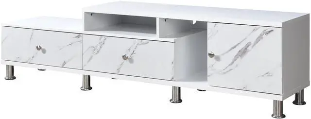Alt view image 3 of 6 - 1pc Modern Sleek White Finish Faux Marble Accents Silver-tone Legs TV Stand Console Living Room Furniture