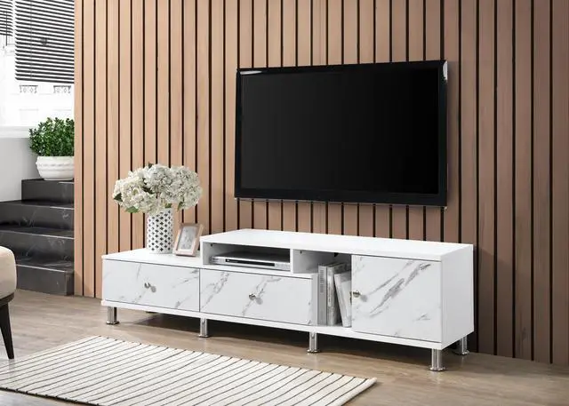 Main image of 1pc Modern Sleek White Finish Faux Marble Accents Silver-tone Legs TV Stand Console Living Room Furniture