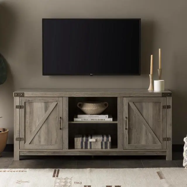 Alt view image 4 of 6 - Farmhouse Barn Door TV Stand for TVs up to 65" - Grey Wash