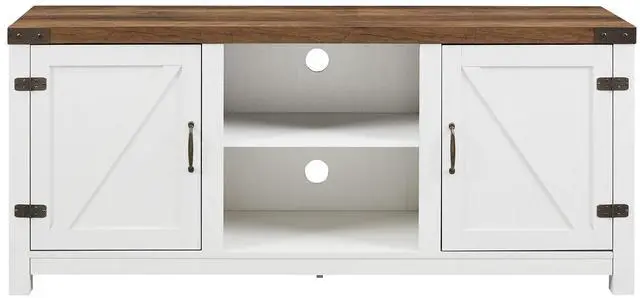 Alt view image 2 of 6 - Modern Farmhouse Barn Door 3-Shelf TV Stand for TVs up to 65 - Rustic Oak / Brushed White