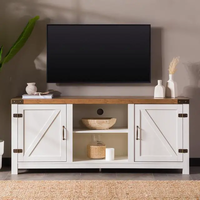 Alt view image 4 of 6 - Modern Farmhouse Barn Door 3-Shelf TV Stand for TVs up to 65 - Rustic Oak / Brushed White