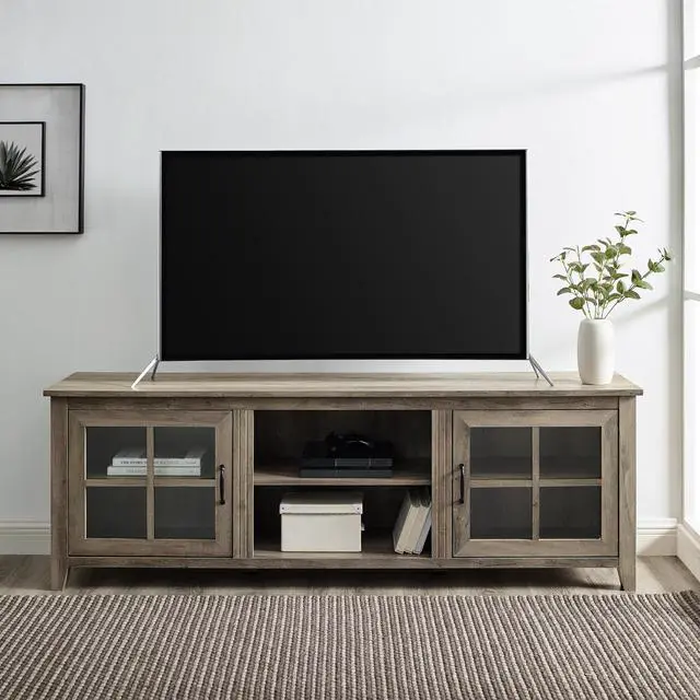 Alt view image 4 of 6 - Modern Farmhouse 2-Door Glass Windowpane 70" TV Stand for 80" TVs - Grey Wash