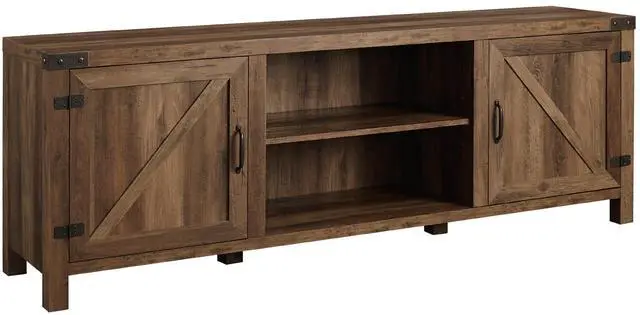 Main image of Rustic Farmhouse Double Barn Door 70" TV Stand for 80" TVs with Center Shelves - Rustic Oak
