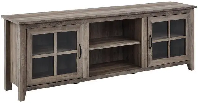 Main image of Modern Farmhouse 2-Door Glass Windowpane 70" TV Stand for 80" TVs - Grey Wash