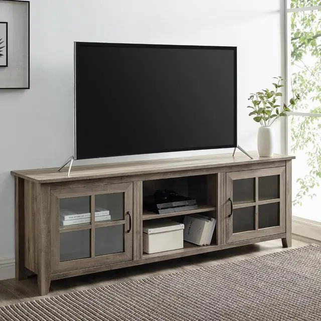 Alt view image 3 of 6 - Modern Farmhouse 2-Door Glass Windowpane 70" TV Stand for 80" TVs - Grey Wash