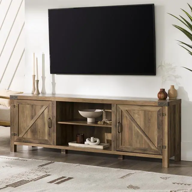 Alt view image 3 of 6 - Rustic Farmhouse Double Barn Door 70" TV Stand for 80" TVs with Center Shelves - Rustic Oak