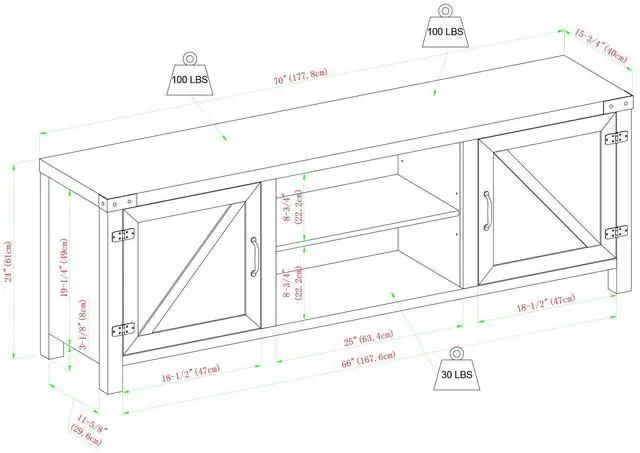 Alt view image 6 of 6 - Rustic Farmhouse Double Barn Door 70" TV Stand for 80" TVs with Center Shelves - Rustic Oak