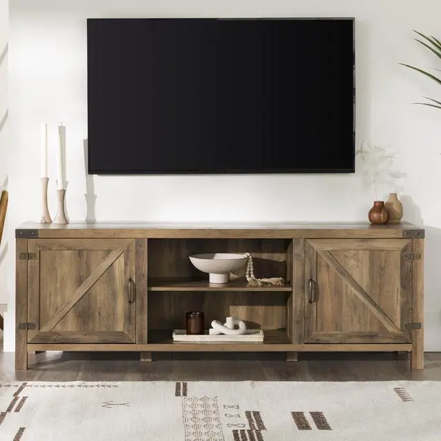 Alt view image 4 of 6 - Rustic Farmhouse Double Barn Door 70" TV Stand for 80" TVs with Center Shelves - Rustic Oak