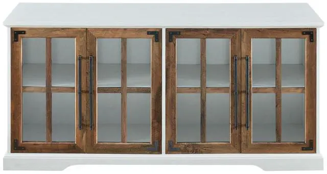 Alt view image 2 of 5 - Modern Farmhouse Two-Tone Windowpane Glass-Door TV Stand for TVs up to 65" - Brushed White / Rustic Oak