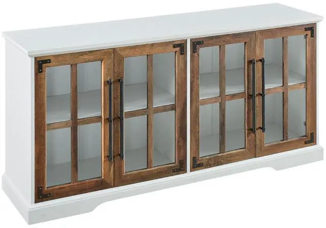 Main image of Modern Farmhouse Two-Tone Windowpane Glass-Door TV Stand for TVs up to 65" - Brushed White / Rustic Oak