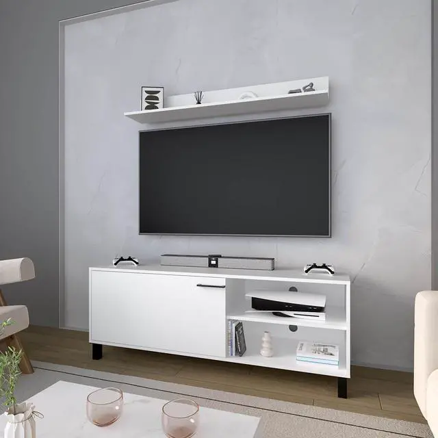 Main image of FM FURNITURE Bitter Springs Tv Stand 65" in melamine with Open Storage,pneumatic arms and 1 Door, White