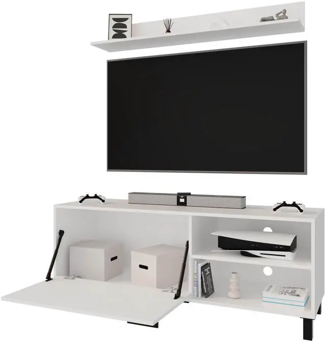 Alt view image 2 of 7 - FM FURNITURE Bitter Springs Tv Stand 65" in melamine with Open Storage,pneumatic arms and 1 Door, White
