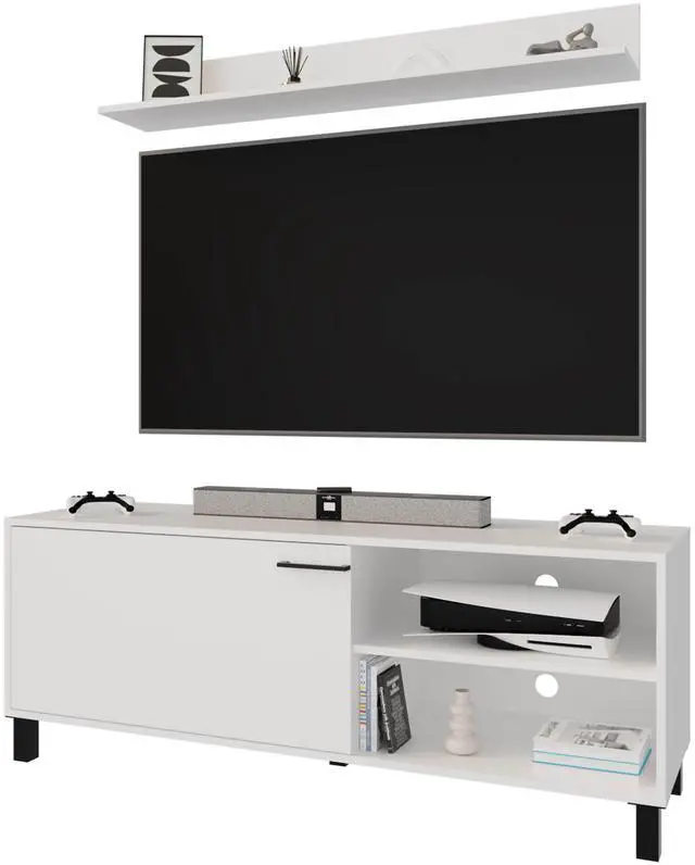 Alt view image 4 of 7 - FM FURNITURE Bitter Springs Tv Stand 65" in melamine with Open Storage,pneumatic arms and 1 Door, White