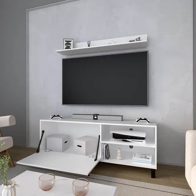 Alt view image 7 of 7 - FM FURNITURE Bitter Springs Tv Stand 65" in melamine with Open Storage,pneumatic arms and 1 Door, White