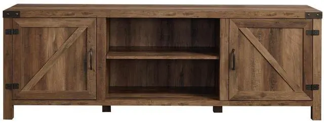 Alt view image 2 of 6 - Rustic Farmhouse Double Barn Door 70" TV Stand for 80" TVs with Center Shelves - Rustic Oak