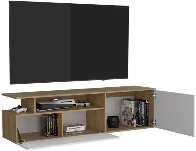 Alt view image 7 of 7 - Selma Floating 63" Wide Tv Stand with Two Cabinets, Six Shelves, Cable Management , Entertainment Center for Living Room , Wall Shelf Cabinet Natural Oak - White
