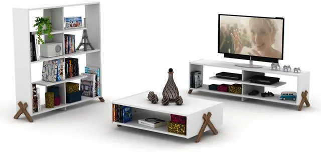 Alt view image 2 of 6 - FurnisHome Store Mid Century Modern Tv Stand 4 Shelves Open Storage Wood Legs Entertainment Centre 57 inch Low Tv Unit, Walnut/White