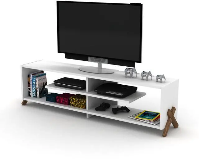 Alt view image 6 of 6 - FurnisHome Store Mid Century Modern Tv Stand 4 Shelves Open Storage Wood Legs Entertainment Centre 57 inch Low Tv Unit, Walnut/White