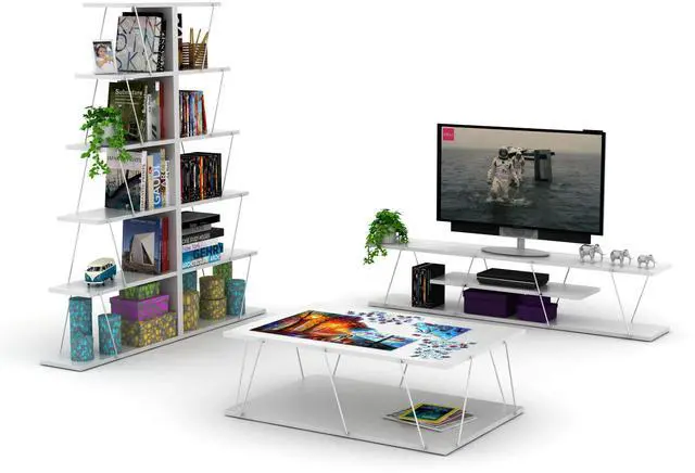 Alt view image 4 of 5 - FurnisHome Store Tars Mid Century Modern Tv Stand 4 Shelves Open Storage Metal Cords Entertainment Centre 56 inch Low Tv Unit, White/Chrome