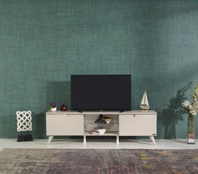 Alt view image 2 of 3 - FurnisHome Store Denver Mid Century Modern Tv Stand 2 Door Cabinets 1 Glass Shelf 66 inch Tv Unit,, Beige