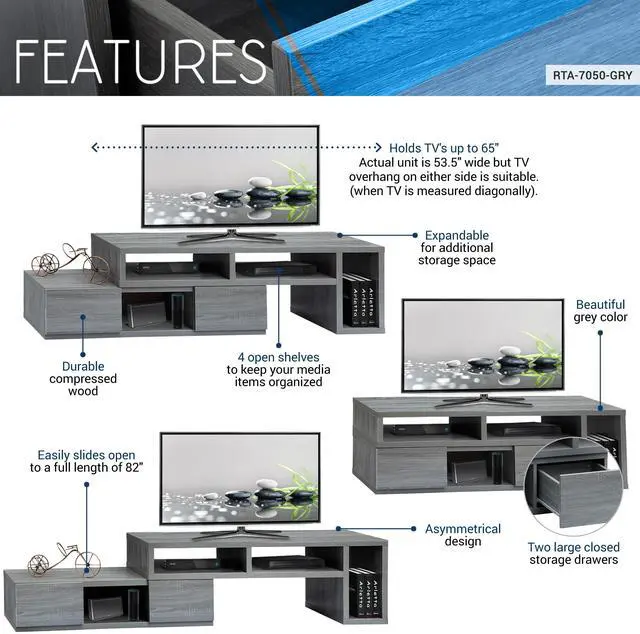 Alt view image 3 of 7 - Techni Mobili Adjustable TV Stand Console for TV's Up to 65"