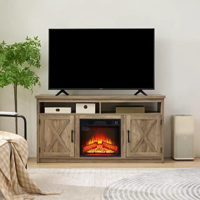 Main image of Farmhouse TV Media Stand, Large Barn Inspired Home Entertainment Console, with 18" Fireplace Insert, for TV Up to 65'', with Open Shelves and Closed Cabinets, Gray Wash 57.87*15.75*30.31