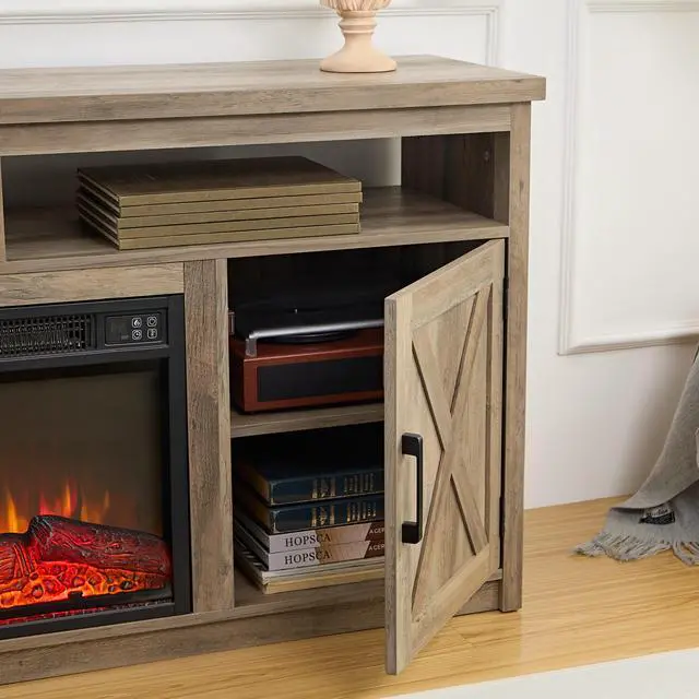 Alt view image 4 of 5 - Farmhouse TV Media Stand, Large Barn Inspired Home Entertainment Console, with 18" Fireplace Insert, for TV Up to 65'', with Open Shelves and Closed Cabinets, Gray Wash 57.87*15.75*30.31