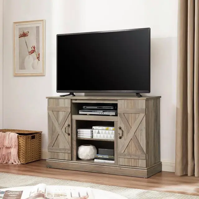 Alt view image 2 of 2 - American retro TV Stand Farmhouse Classic Media TV Stand Antique Entertainment for TV up to 50" with Open and Closed Storage Space, Gray Wash, 47"W*15.5"D*30.75"H