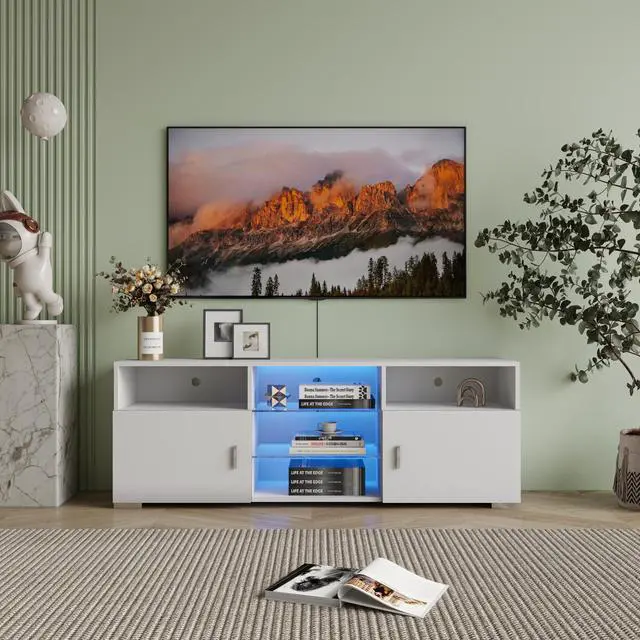 Main image of TV Stand for 32-60 inch TV, Modern Television Table Center Media Console with Drawer and Led Lights, Matt Entertainment Center for Living Game Room Bedroom.