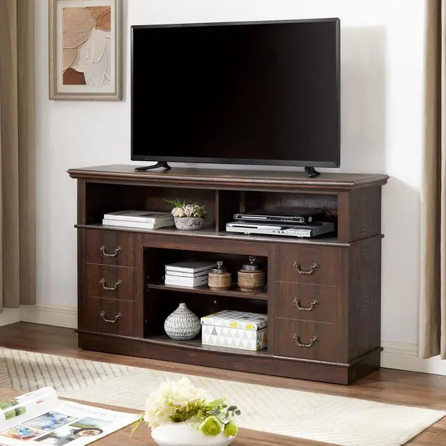 Alt view image 4 of 5 - Retro TV Stand with Storage for TVs up to 65'', Mid Century Modern TV Stand & Entertainment Center with Shelf,TV Stand for Media,TV Console Table for Living Room Espresso 60"W*15.75"D*34.25"H