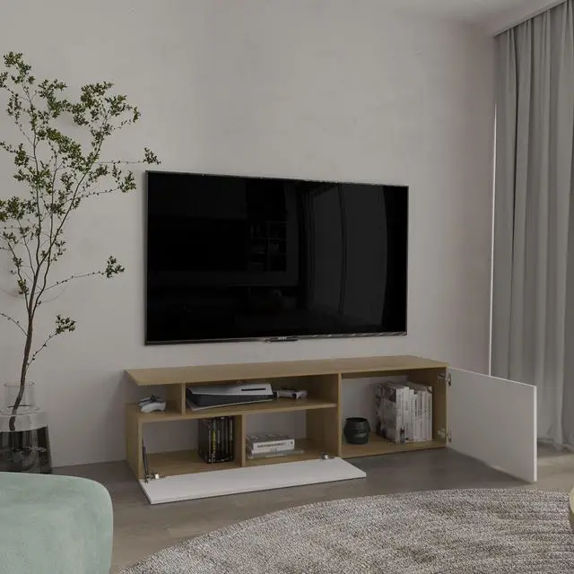 Alt view image 5 of 7 - Selma Floating 63" Wide Tv Stand with Two Cabinets, Six Shelves, Cable Management , Entertainment Center for Living Room , Wall Shelf Cabinet Natural Oak - White