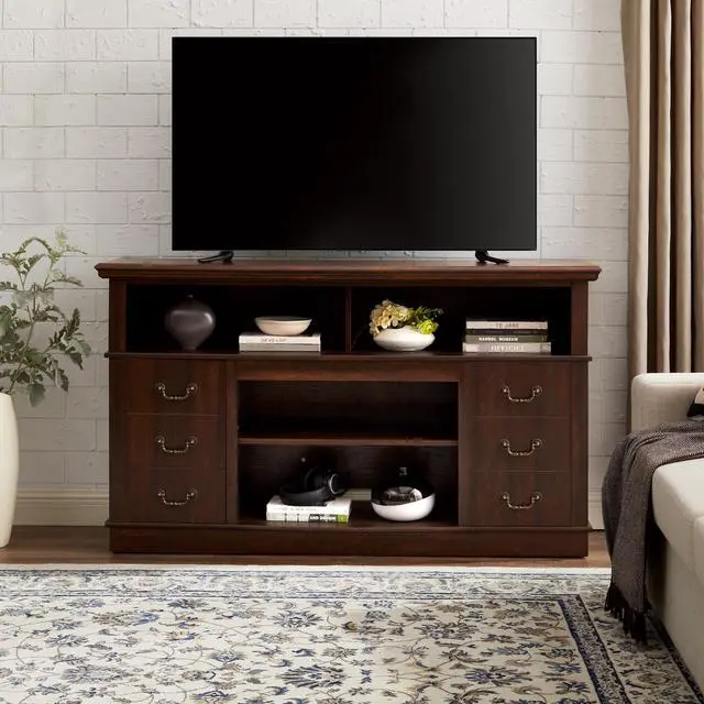 Alt view image 2 of 5 - Retro TV Stand with Storage for TVs up to 65'', Mid Century Modern TV Stand & Entertainment Center with Shelf,TV Stand for Media,TV Console Table for Living Room Espresso 60"W*15.75"D*34.25"H