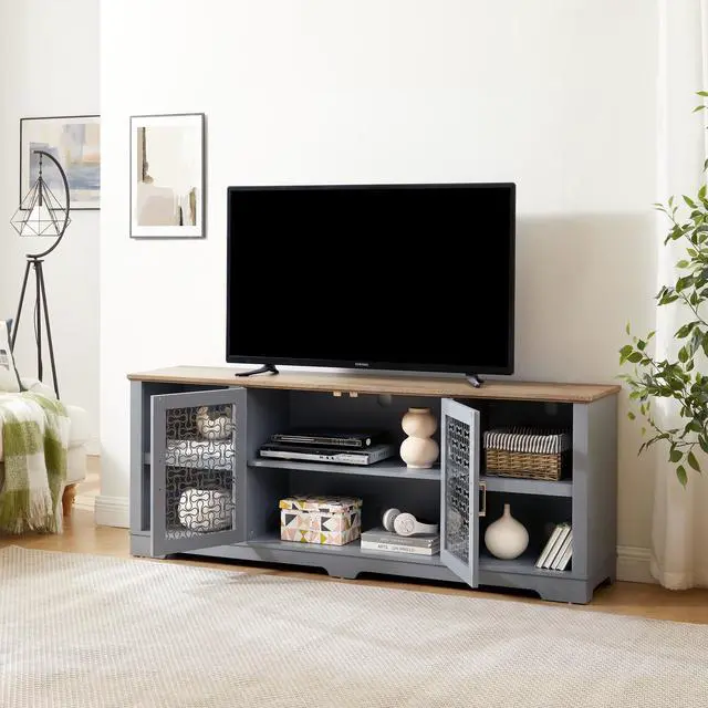 Alt view image 4 of 7 - Modern Farmhouse TV Media Stand, Large Home Entertainment Console, for TV Up to 80'', with Open Shelves and Glass Door Cabinets, Light Blue and Light Oak, 70"W*15.55"D*26.85"H