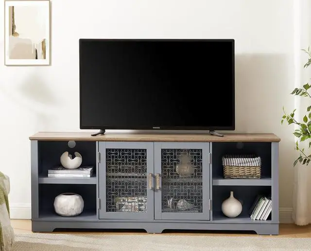 Main image of Modern Farmhouse TV Media Stand, Large Home Entertainment Console, for TV Up to 80'', with Open Shelves and Glass Door Cabinets, Light Blue and Light Oak, 70"W*15.55"D*26.85"H