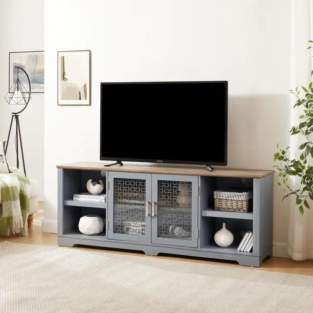 Alt view image 3 of 7 - Modern Farmhouse TV Media Stand, Large Home Entertainment Console, for TV Up to 80'', with Open Shelves and Glass Door Cabinets, Light Blue and Light Oak, 70"W*15.55"D*26.85"H