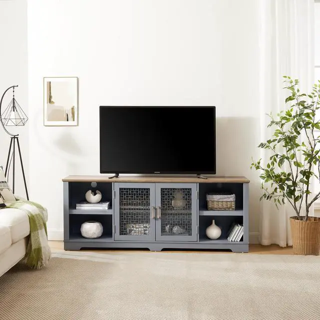 Alt view image 2 of 7 - Modern Farmhouse TV Media Stand, Large Home Entertainment Console, for TV Up to 80'', with Open Shelves and Glass Door Cabinets, Light Blue and Light Oak, 70"W*15.55"D*26.85"H