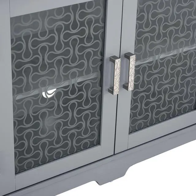 Alt view image 7 of 7 - Modern Farmhouse TV Media Stand, Large Home Entertainment Console, for TV Up to 80'', with Open Shelves and Glass Door Cabinets, Light Blue and Light Oak, 70"W*15.55"D*26.85"H