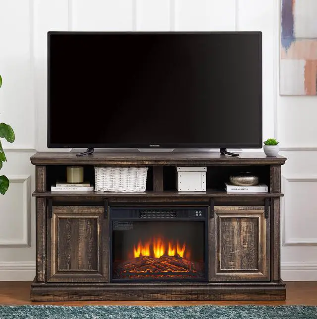 Main image of Modern Entertainment Console TV Stand with 23" Fireplace Insert, Multipurpose Sliding Door TV Cabinet Large Storage Space, 58.11"W*15.79"D*32.36"H Antique brown