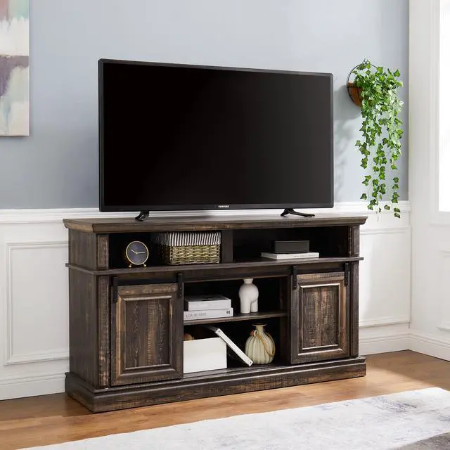 Alt view image 4 of 6 - Media Console Table with Storage Cabinet, Mid Century style Entertainment TV Table, Multipurpose Sliding Door TV Cabinet  Large Storage Space, 58.11"W*15.79"D*32.36"H Antique brown
