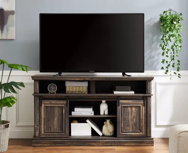 Main image of Media Console Table with Storage Cabinet, Mid Century style Entertainment TV Table, Multipurpose Sliding Door TV Cabinet  Large Storage Space, 58.11"W*15.79"D*32.36"H Antique brown