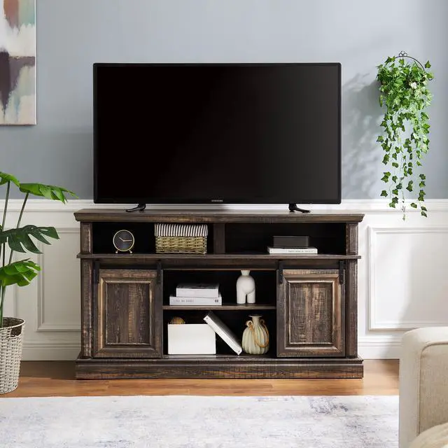 Alt view image 2 of 6 - Media Console Table with Storage Cabinet, Mid Century style Entertainment TV Table, Multipurpose Sliding Door TV Cabinet  Large Storage Space, 58.11"W*15.79"D*32.36"H Antique brown