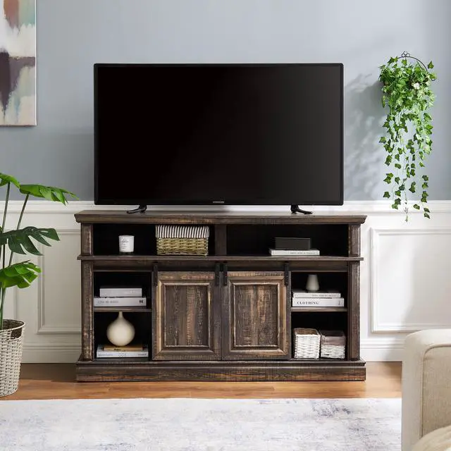 Alt view image 3 of 6 - Media Console Table with Storage Cabinet, Mid Century style Entertainment TV Table, Multipurpose Sliding Door TV Cabinet  Large Storage Space, 58.11"W*15.79"D*32.36"H Antique brown