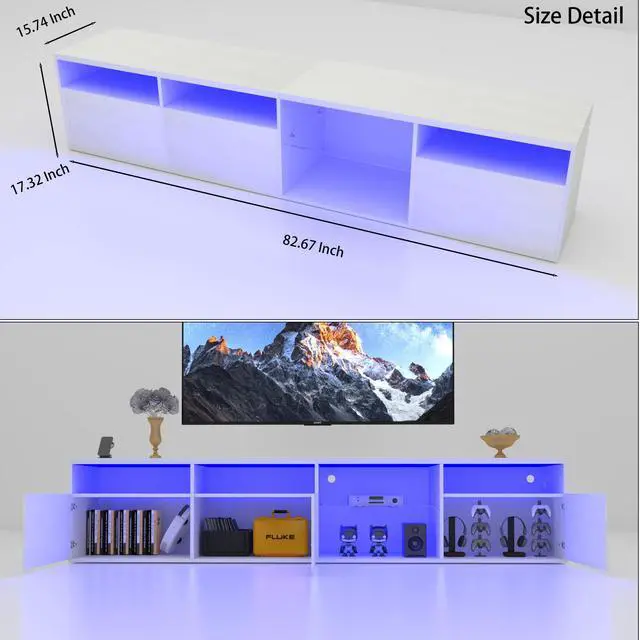 Alt view image 2 of 7 - TV Console with Storage Cabinets, 82.6 Inch Long LED TV Stand with Full RGB Color Selection, 31 Modes Changing Lights Modern Entertainment Center with Power Cord (White, for 75/80 inches TV)