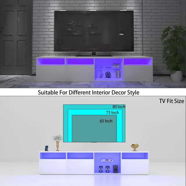 Alt view image 3 of 7 - TV Console with Storage Cabinets, 82.6 Inch Long LED TV Stand with Full RGB Color Selection, 31 Modes Changing Lights Modern Entertainment Center with Power Cord (White, for 75/80 inches TV)