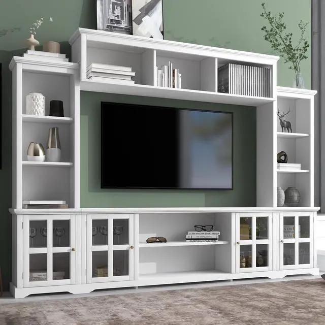 Main image of [VIDEO provided] ON-TREND Minimalism Entertainment Wall Unit with Bridge, Modern TV Console Table for TVs Up to 70", Multifunctional TV Stand with Tempered Glass Door, White (Old SKU: SD000009AAK)