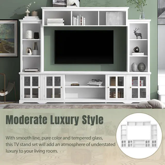 Alt view image 3 of 7 - [VIDEO provided] ON-TREND Minimalism Entertainment Wall Unit with Bridge, Modern TV Console Table for TVs Up to 70", Multifunctional TV Stand with Tempered Glass Door, White (Old SKU: SD000009AAK)
