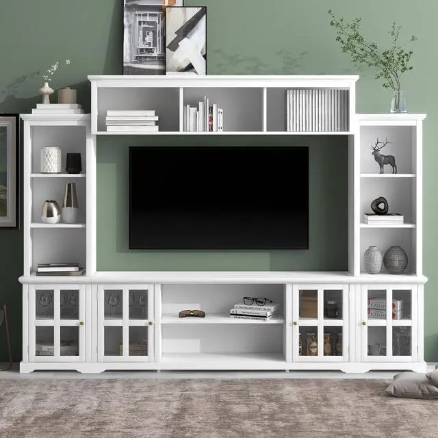 Alt view image 2 of 7 - [VIDEO provided] ON-TREND Minimalism Entertainment Wall Unit with Bridge, Modern TV Console Table for TVs Up to 70", Multifunctional TV Stand with Tempered Glass Door, White (Old SKU: SD000009AAK)
