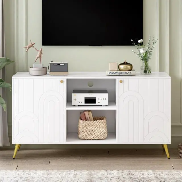 Alt view image 2 of 7 - U-Can Modern TV Stand for TVs up to 55 Inches, Entertainment Center Media Console,Adjustable Shelf, Metal Legs, Handles and Anti-tip Device for Living room